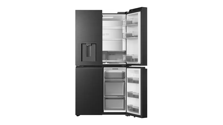 Front view of a black four-door refrigerator with the right-side fresh food and freezer compartments open Front view of a black four-door refrigerator with the right-side fresh food and freezer compartments open