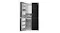 Front view of a black four-door refrigerator with the left-side fresh food and freezer compartments open Front view of a black four-door refrigerator with the left-side fresh food and freezer compartments open