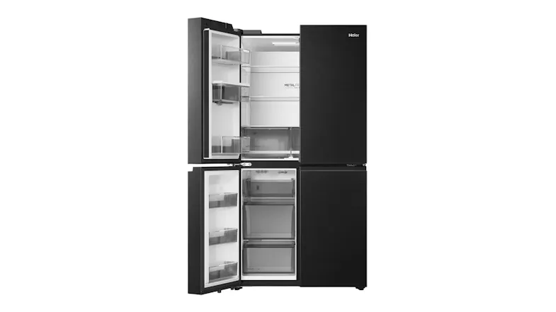Front view of a black four-door refrigerator with the left-side fresh food and freezer compartments open Front view of a black four-door refrigerator with the left-side fresh food and freezer compartments open