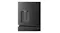 Close-up front view of a black refrigerator door with an integrated water dispenser and brushed metal finish Close-up front view of a black refrigerator door with an integrated water dispenser and brushed metal finish