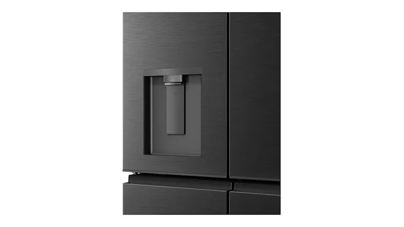 Close-up front view of a black refrigerator door with an integrated water dispenser and brushed metal finish Close-up front view of a black refrigerator door with an integrated water dispenser and brushed metal finish