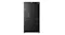 Front view of a black Haier 500 Series 672L Quad Door Smart Fridge Freezer with Water Dispenser, featuring a built-in water dispenser and brushed finish Front view of a black Haier 500 Series 672L Quad Door Smart Fridge Freezer with Water Dispenser, featuring a built-in water dispenser and brushed finish
