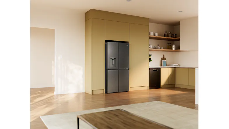 Wide-angle view of a black Haier four-door refrigerator built into modern kitchen cabinetry with a water dispenser Wide-angle view of a black Haier four-door refrigerator built into modern kitchen cabinetry with a water dispenser