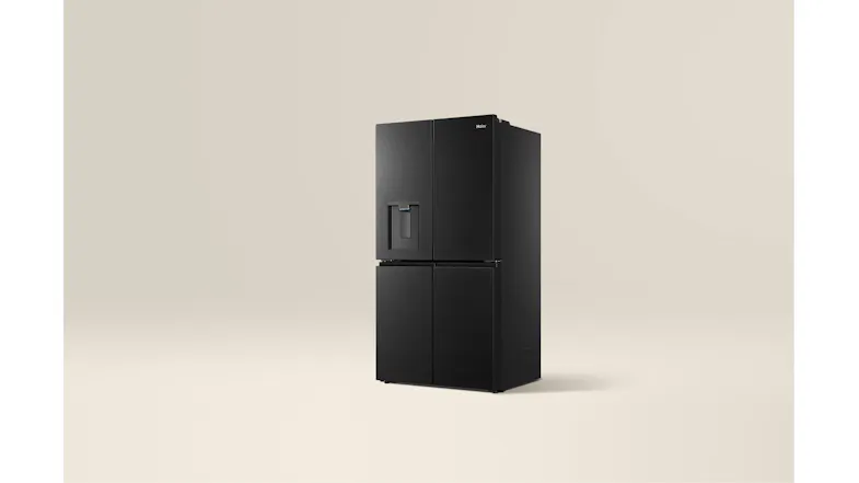Front angled view of a black French door refrigerator with a built-in water dispenser and matte finish Front angled view of a black French door refrigerator with a built-in water dispenser and matte finish