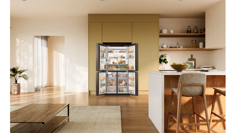 Black four-door refrigerator with all doors open, showcasing organised fridge and freezer compartments in a modern kitchen Black four-door refrigerator with all doors open, showcasing organised fridge and freezer compartments in a modern kitchen