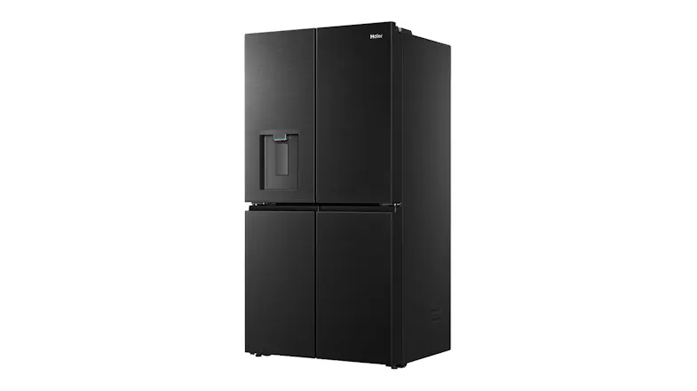 Front right-angled view of a black Haier 500 Series 672L four-door refrigerator with a water dispenser and brushed metal finish Front right-angled view of a black Haier 500 Series 672L four-door refrigerator with a water dispenser and brushed metal finish