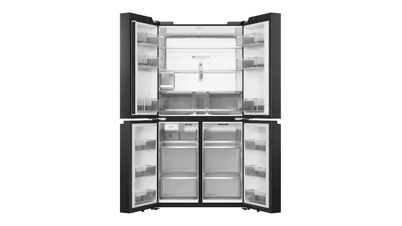 Front view of a black Haier 500 Series four-door refrigerator with all doors open, showing shelves, drawers, and storage compartments Front view of a black Haier 500 Series four-door refrigerator with all doors open, showing shelves, drawers, and storage compartments