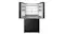 Front view of a black Haier four-door refrigerator with the upper doors open, revealing a spacious fridge interior and shelves Front view of a black Haier four-door refrigerator with the upper doors open, revealing a spacious fridge interior and shelves