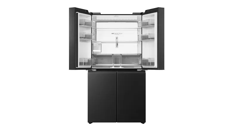 Front view of a black Haier four-door refrigerator with the upper doors open, revealing a spacious fridge interior and shelves Front view of a black Haier four-door refrigerator with the upper doors open, revealing a spacious fridge interior and shelves
