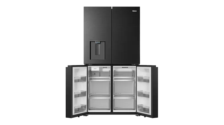 Front view of a black four-door refrigerator with the lower freezer doors open, showing drawers and door storage bins Front view of a black four-door refrigerator with the lower freezer doors open, showing drawers and door storage bins