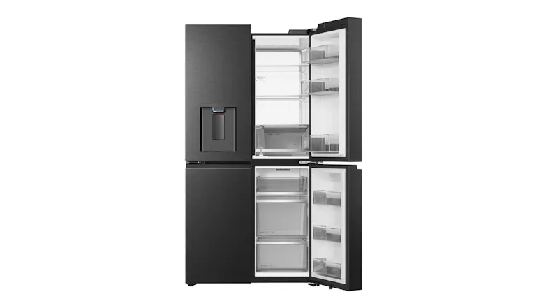 Front view of a black Haier four-door refrigerator with the right-side doors open, showing fridge and freezer storage compartments Front view of a black Haier four-door refrigerator with the right-side doors open, showing fridge and freezer storage compartments