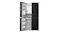 Front view of a black four-door refrigerator with the left-side doors open, revealing shelves, bins, and freezer drawers Front view of a black four-door refrigerator with the left-side doors open, revealing shelves, bins, and freezer drawers