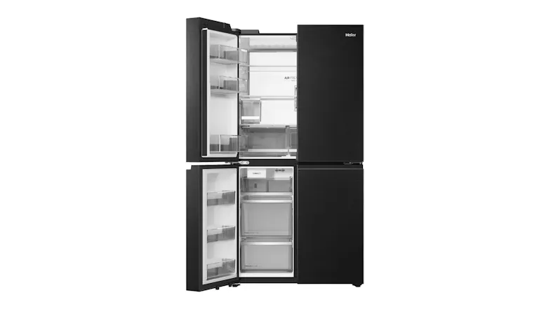 Front view of a black four-door refrigerator with the left-side doors open, revealing shelves, bins, and freezer drawers Front view of a black four-door refrigerator with the left-side doors open, revealing shelves, bins, and freezer drawers