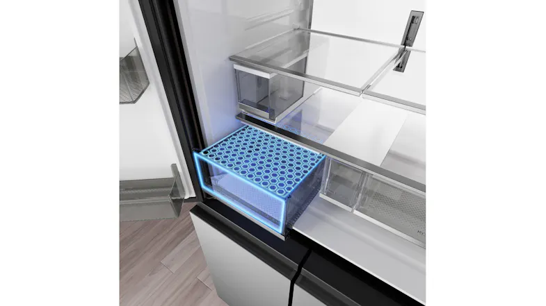 Angled view of a refrigerator fresh zone drawer with a blue cooling effect and glass shelf storage Angled view of a refrigerator fresh zone drawer with a blue cooling effect and glass shelf storage