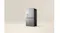 Front-angled view of a stainless steel quad-door refrigerator with a water dispenser and dark side panel Front-angled view of a stainless steel quad-door refrigerator with a water dispenser and dark side panel