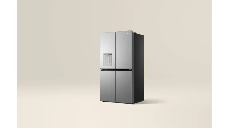 Front-angled view of a stainless steel quad-door refrigerator with a water dispenser and dark side panel Front-angled view of a stainless steel quad-door refrigerator with a water dispenser and dark side panel