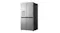 Front-angled view of a silver four-door refrigerator with a water dispenser and dark side panel Front-angled view of a silver four-door refrigerator with a water dispenser and dark side panel