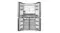 Front view of a silver quad-door refrigerator with all doors open, showing adjustable shelves and storage compartments Front view of a silver quad-door refrigerator with all doors open, showing adjustable shelves and storage compartments