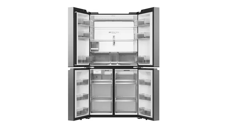 Front view of a silver quad-door refrigerator with all doors open, showing adjustable shelves and storage compartments Front view of a silver quad-door refrigerator with all doors open, showing adjustable shelves and storage compartments