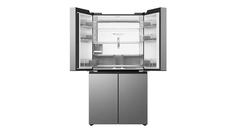 Front view of a silver refrigerator with upper doors open, showing a spacious interior and glass shelves Front view of a silver refrigerator with upper doors open, showing a spacious interior and glass shelves