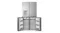 Front view of a silver four-door refrigerator with freezer doors open and multiple drawer compartments visible Front view of a silver four-door refrigerator with freezer doors open and multiple drawer compartments visible