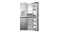 Front view of a silver quad-door refrigerator with right-side doors open, showing shelves and freezer drawers Front view of a silver quad-door refrigerator with right-side doors open, showing shelves and freezer drawers