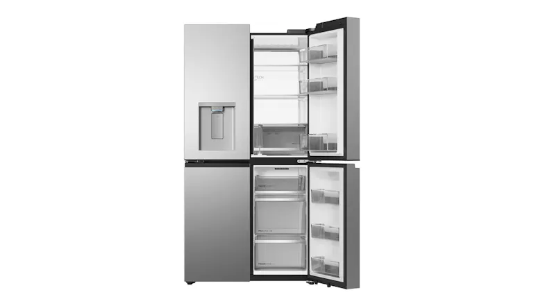 Front view of a silver quad-door refrigerator with right-side doors open, showing shelves and freezer drawers Front view of a silver quad-door refrigerator with right-side doors open, showing shelves and freezer drawers