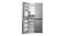 Front view of a silver four-door refrigerator with left-side doors open and visible storage compartments Front view of a silver four-door refrigerator with left-side doors open and visible storage compartments