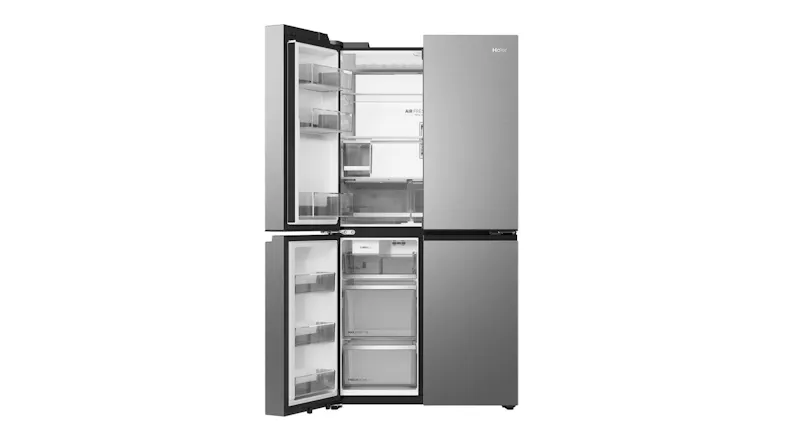 Front view of a silver four-door refrigerator with left-side doors open and visible storage compartments Front view of a silver four-door refrigerator with left-side doors open and visible storage compartments