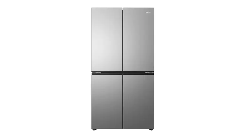 Front view of a silver Haier 500 Series 682L Quad Door Smart Fridge Freezer with a brushed metal finish and quad-door design Front view of a silver Haier 500 Series 682L Quad Door Smart Fridge Freezer with a brushed metal finish and quad-door design
