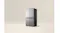 Front right-angled view of a silver Haier quad-door refrigerator with a brushed metal finish and black side panels Front right-angled view of a silver Haier quad-door refrigerator with a brushed metal finish and black side panels