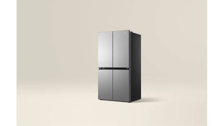 Front right-angled view of a silver Haier quad-door refrigerator with a brushed metal finish and black side panels Front right-angled view of a silver Haier quad-door refrigerator with a brushed metal finish and black side panels