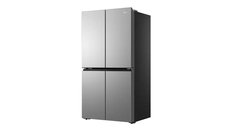 Front right-angled view of a silver Haier four-door refrigerator with brushed metal panels and a black side panel Front right-angled view of a silver Haier four-door refrigerator with brushed metal panels and a black side panel