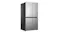 Front left-angled view of a silver Haier 500 Series refrigerator with a brushed metal finish and a black side panel Front left-angled view of a silver Haier 500 Series refrigerator with a brushed metal finish and a black side panel