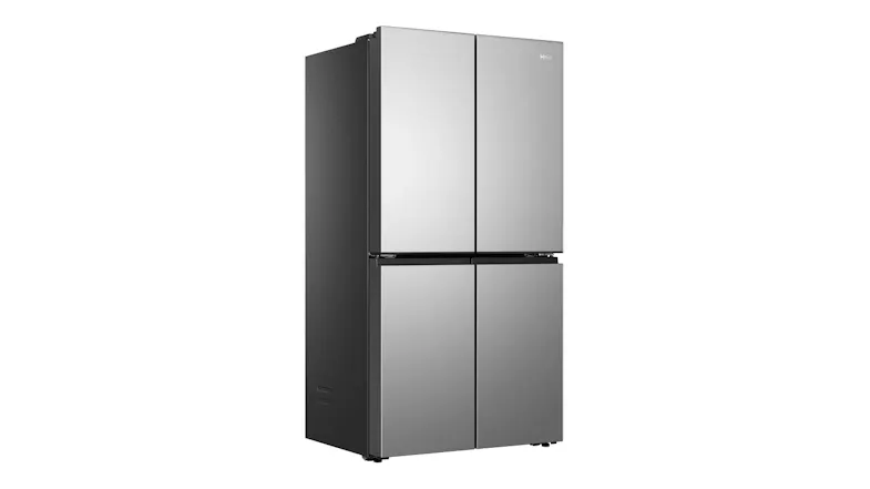 Front left-angled view of a silver Haier 500 Series refrigerator with a brushed metal finish and a black side panel Front left-angled view of a silver Haier 500 Series refrigerator with a brushed metal finish and a black side panel
