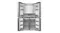 Open silver Haier four-door refrigerator with empty shelves, door bins, and lower freezer compartments Open silver Haier four-door refrigerator with empty shelves, door bins, and lower freezer compartments