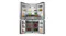Open silver Haier quad-door refrigerator stocked with fresh produce, drinks, and frozen food Open silver Haier quad-door refrigerator stocked with fresh produce, drinks, and frozen food