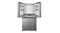 Front view of a silver Haier refrigerator with the upper doors open, showing empty shelves and storage drawers Front view of a silver Haier refrigerator with the upper doors open, showing empty shelves and storage drawers