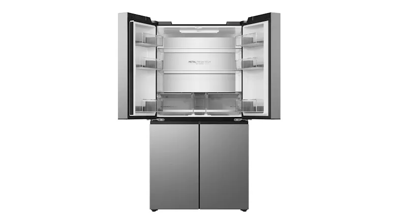 Front view of a silver Haier refrigerator with the upper doors open, showing empty shelves and storage drawers Front view of a silver Haier refrigerator with the upper doors open, showing empty shelves and storage drawers