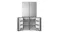 Front view of a silver Haier quad-door refrigerator with the lower freezer doors open, showing empty compartments Front view of a silver Haier quad-door refrigerator with the lower freezer doors open, showing empty compartments