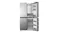Silver Haier four-door refrigerator with the left-side doors open, revealing shelves and freezer storage Silver Haier four-door refrigerator with the left-side doors open, revealing shelves and freezer storage
