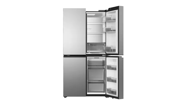 Silver Haier four-door refrigerator with the left-side doors open, revealing shelves and freezer storage Silver Haier four-door refrigerator with the left-side doors open, revealing shelves and freezer storage
