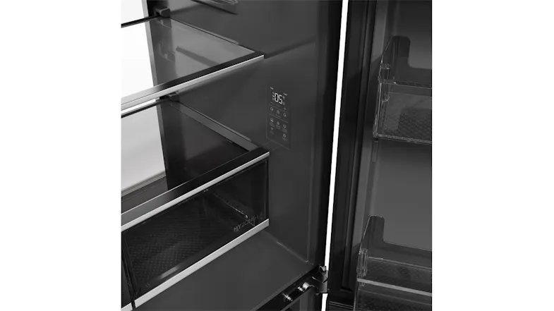 Close-up interior view of a black refrigerator with glass shelves, a storage drawer, and a digital control panel Close-up interior view of a black refrigerator with glass shelves, a storage drawer, and a digital control panel