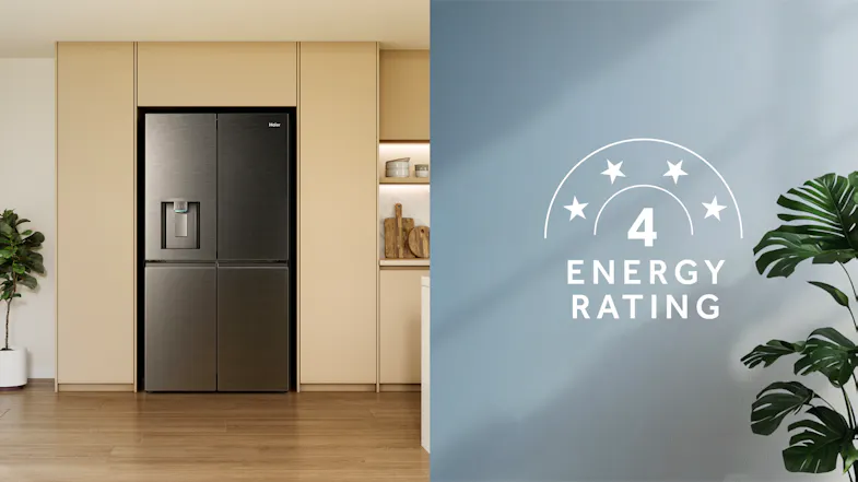 Black quad-door refrigerator in a modern kitchen with a 4-star energy rating graphic display Black quad-door refrigerator in a modern kitchen with a 4-star energy rating graphic display