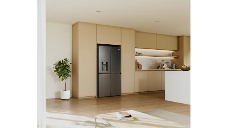 Wide-angle view of a Haier 600 Series refrigerator integrated into contemporary beige kitchen cabinetry Wide-angle view of a Haier 600 Series refrigerator integrated into contemporary beige kitchen cabinetry