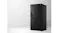 Front-angled view of a black quad-door refrigerator with a brushed finish and built-in water dispenser Front-angled view of a black quad-door refrigerator with a brushed finish and built-in water dispenser