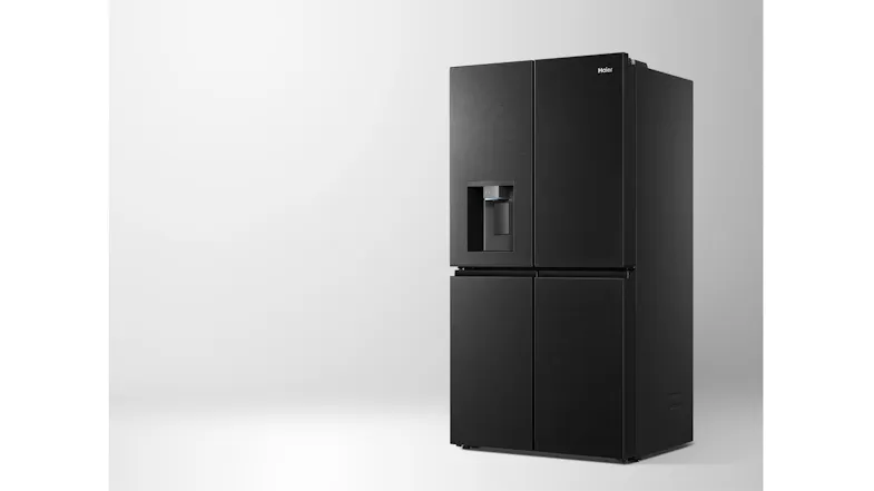 Front-angled view of a black quad-door refrigerator with a brushed finish and built-in water dispenser Front-angled view of a black quad-door refrigerator with a brushed finish and built-in water dispenser