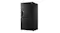 Front-angled view of a black four-door refrigerator with a brushed metal finish and integrated water dispenser Front-angled view of a black four-door refrigerator with a brushed metal finish and integrated water dispenser