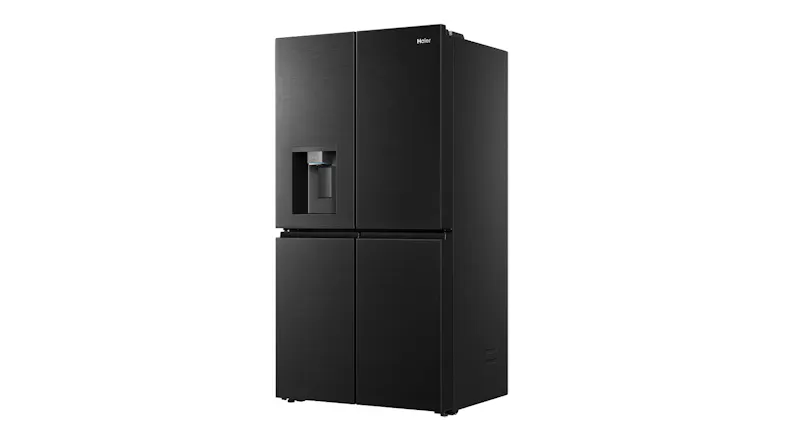 Front-angled view of a black four-door refrigerator with a brushed metal finish and integrated water dispenser Front-angled view of a black four-door refrigerator with a brushed metal finish and integrated water dispenser
