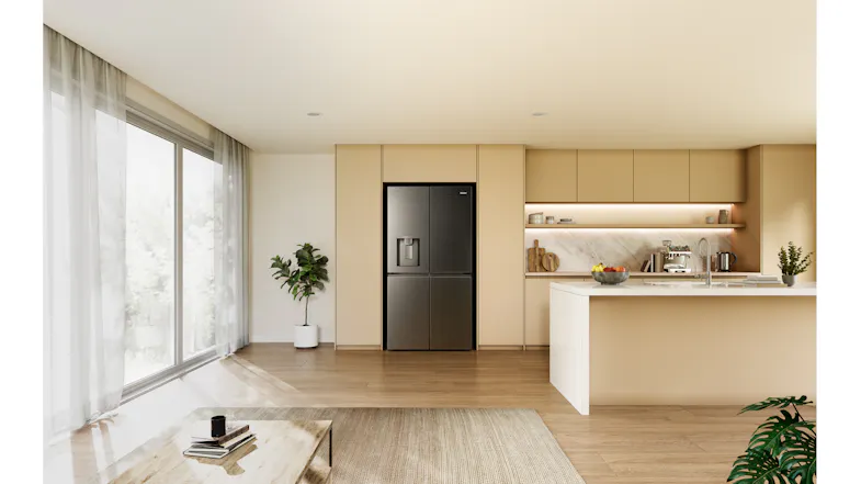 Wide-angle view of a Haier 600 Series refrigerator integrated into modern beige kitchen cabinetry Wide-angle view of a Haier 600 Series refrigerator integrated into modern beige kitchen cabinetry